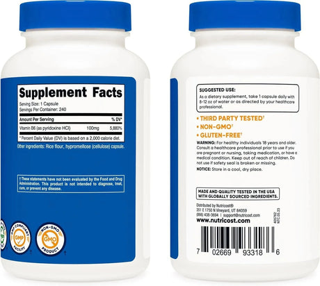 NUTRICOST - Nutricost Vitamin B6 100Mg. 240 Capsulas 3 Pack - The Red Vitamin MX - Suplementos Alimenticios - {{ shop.shopifyCountryName }}