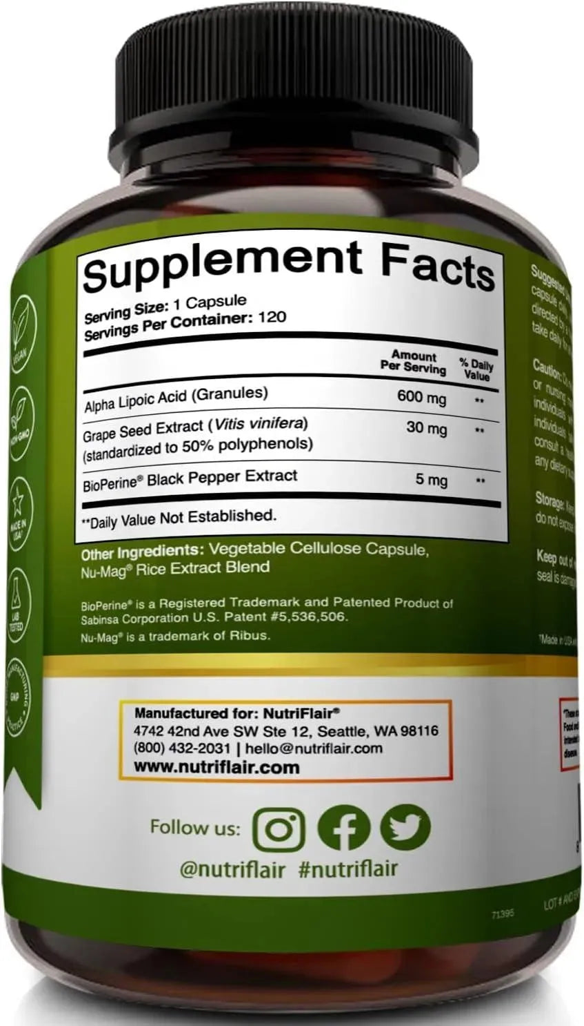 NUTRIFLAIR - NutriFlair Alpha Lipoic Acid 600Mg. 120 Capsulas - The Red Vitamin MX - Suplementos Alimenticios - {{ shop.shopifyCountryName }}