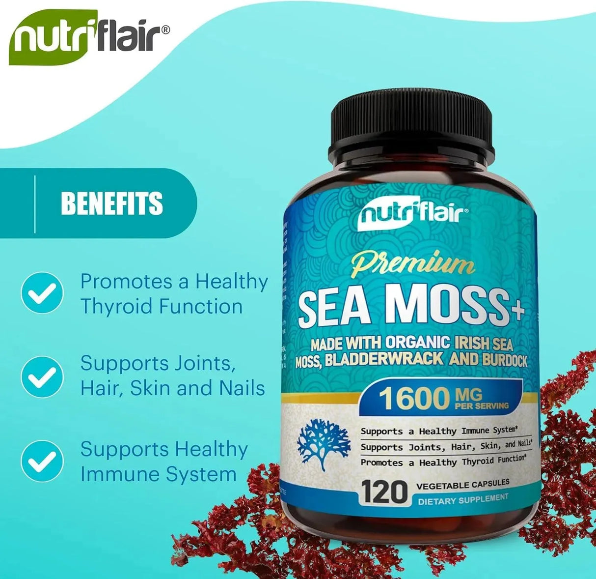 NUTRIFLAIR - NutriFlair Organic Irish Sea Moss 1600Mg. 120 Capsulas - The Red Vitamin MX - Suplementos Alimenticios - {{ shop.shopifyCountryName }}