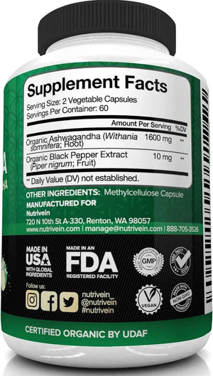 NUTRIVEIN - Nutrivein Organic Ashwagandha 1600Mg. 120 Capsulas - The Red Vitamin MX - Suplementos Alimenticios - {{ shop.shopifyCountryName }}