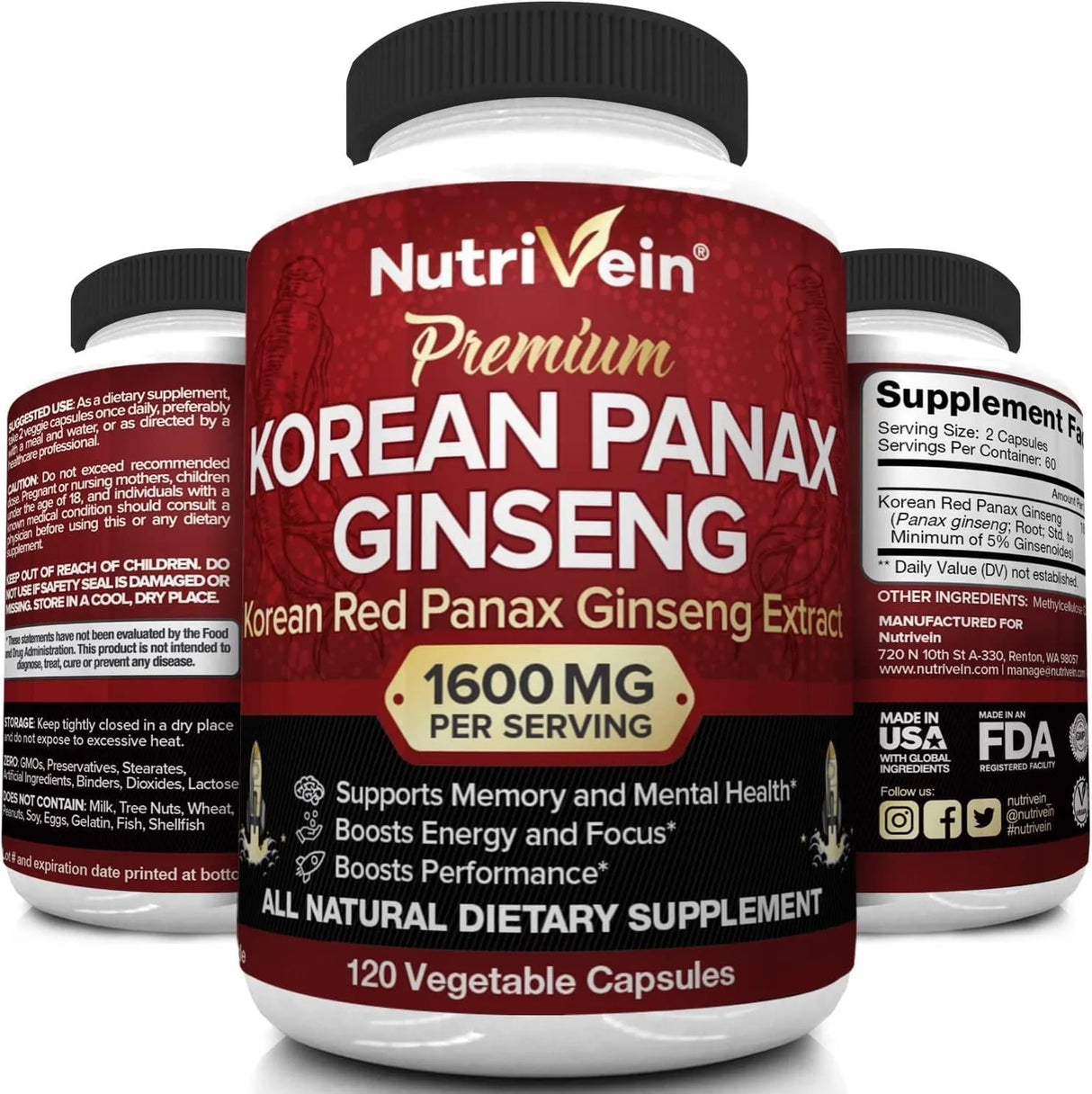 NUTRIVEIN - Nutrivein Pure Korean Red Panax Ginseng 1600Mg. 120 Capsulas - The Red Vitamin MX - Suplementos Alimenticios - {{ shop.shopifyCountryName }}