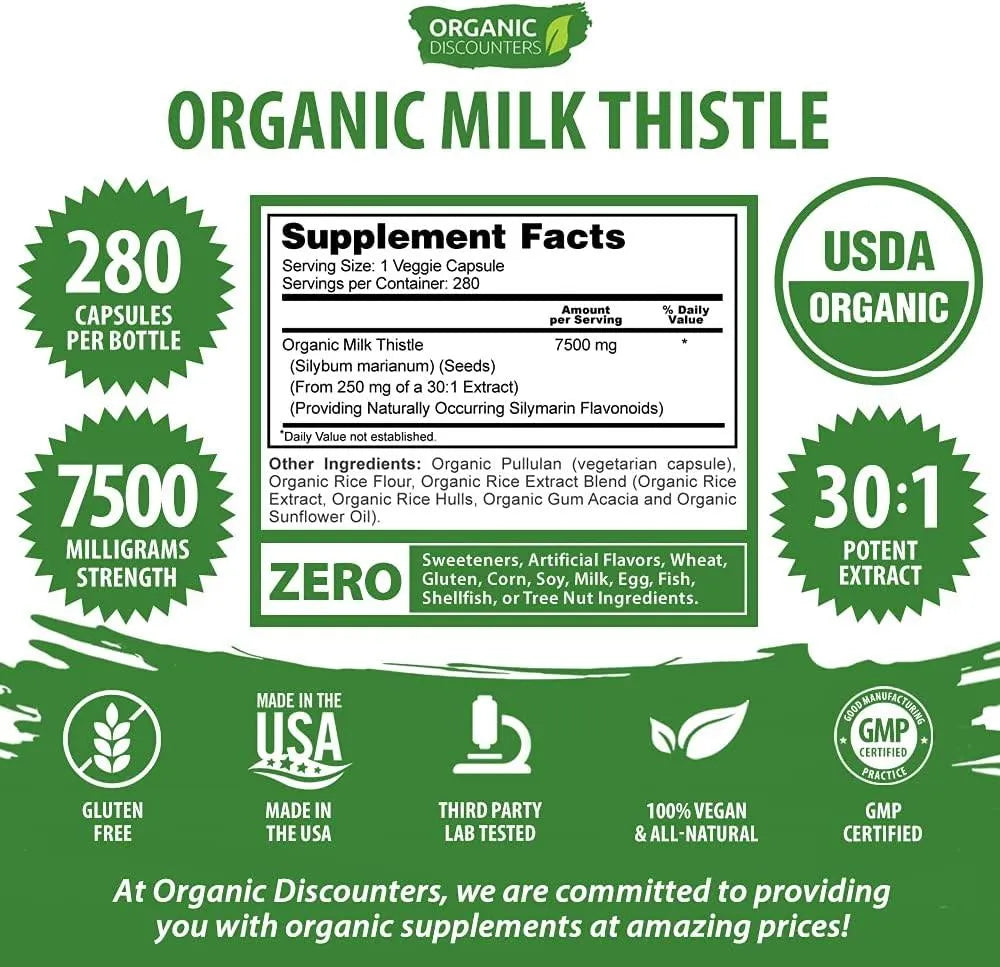 ORGANIC DISCOUNTERS - Organic Discounters Organic Milk Thistle Extract 7500Mg. 280 Capsulas - The Red Vitamin MX - Suplementos Alimenticios - {{ shop.shopifyCountryName }}