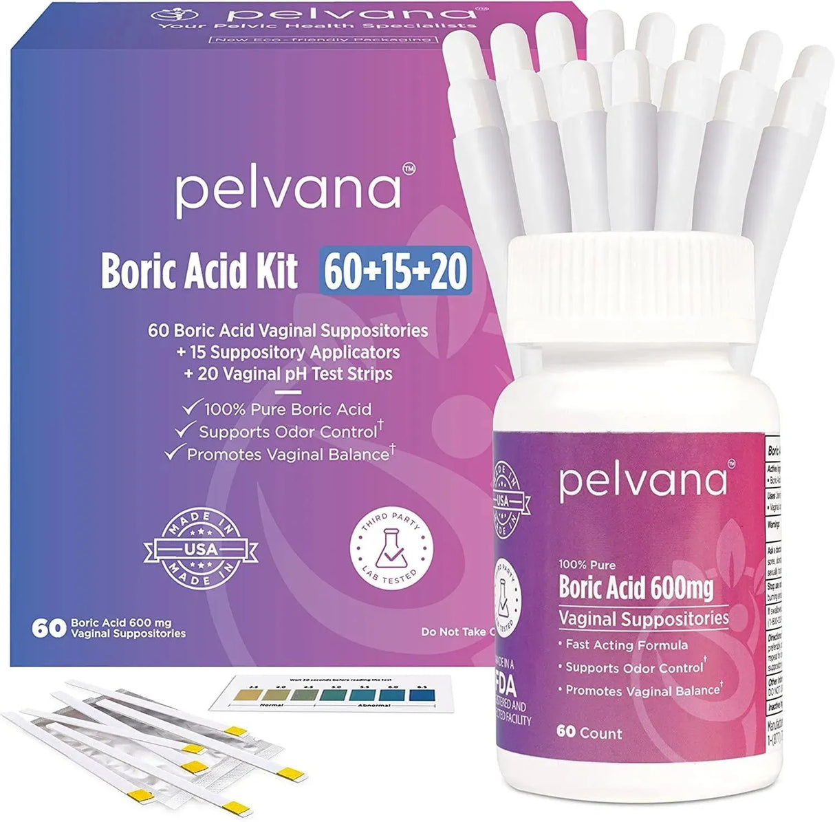 PELVANA - Pelvana Boric Acid Suppositories 60 + 15 Applicators + 20 pH Test Strips = 95 Piece Kit 95 Piezas - The Red Vitamin MX - Supositorios De Ácido Bórico - {{ shop.shopifyCountryName }}