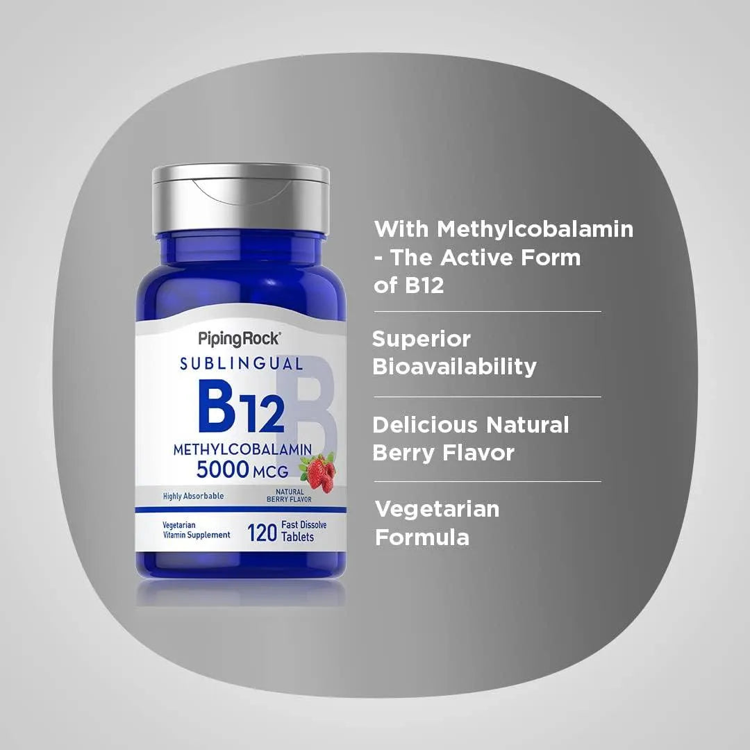 PIPING ROCK - Piping Rock B12 Sublingual 5000mcg 120 Tabletas - The Red Vitamin MX - Suplementos Alimenticios - {{ shop.shopifyCountryName }}