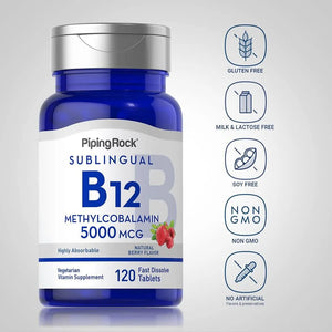 PIPING ROCK - Piping Rock B12 Sublingual 5000mcg 120 Tabletas - The Red Vitamin MX - Suplementos Alimenticios - {{ shop.shopifyCountryName }}