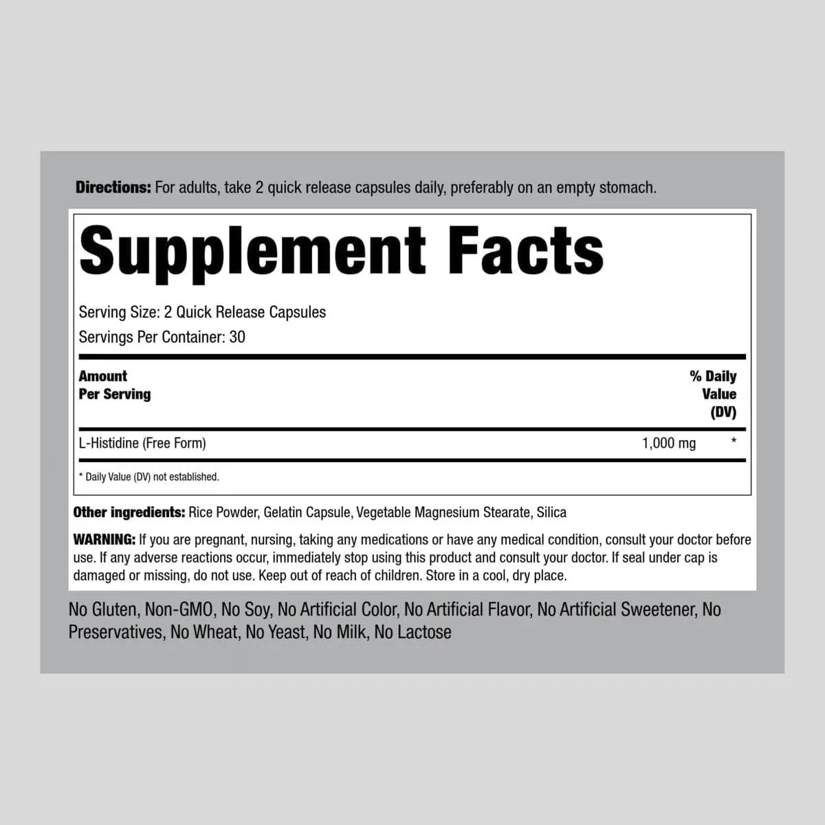 PIPING ROCK - Piping Rock L-Histidine 1000Mg. 60 Capsulas - The Red Vitamin MX - Suplementos Alimenticios - {{ shop.shopifyCountryName }}