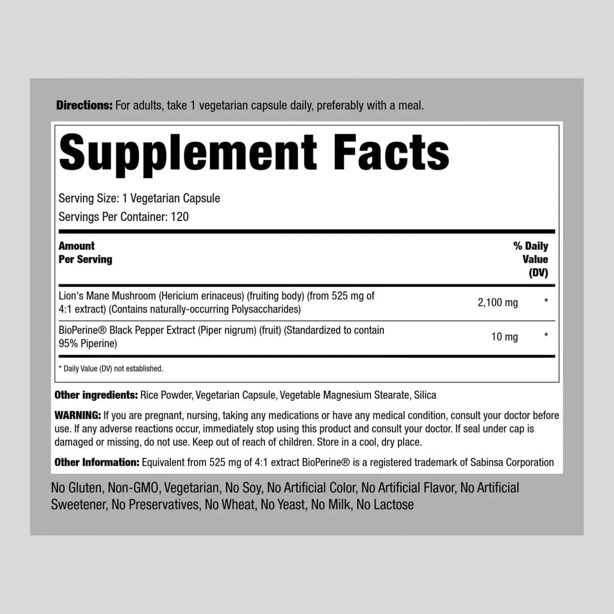 PIPING ROCK - Piping Rock Lions Mane Supplement 2100Mg. 120 Capsulas - The Red Vitamin MX - Suplementos Alimenticios - {{ shop.shopifyCountryName }}