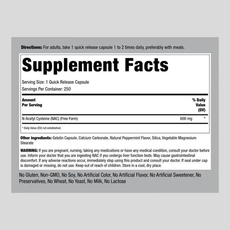 PIPING ROCK - Piping Rock NAC N-Acetyl Cysteine 600Mg. 250 Capsulas - The Red Vitamin MX - Suplementos Alimenticios - {{ shop.shopifyCountryName }}