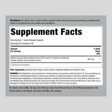 PIPING ROCK - Piping Rock Saffron Extract 60 Capsulas - The Red Vitamin MX - Suplementos Alimenticios - {{ shop.shopifyCountryName }}