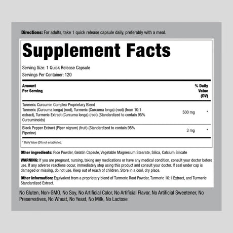 PIPING ROCK - Piping Rock Turmeric Curcumin with Black Pepper Extract 500Mg. 120 Capsulas - The Red Vitamin MX - Suplementos Alimenticios - {{ shop.shopifyCountryName }}