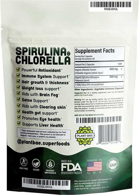 PLANT-BAE - Plant-Bae Spirulina and Chlorella 240 Capsulas - The Red Vitamin MX - Suplementos Alimenticios - {{ shop.shopifyCountryName }}