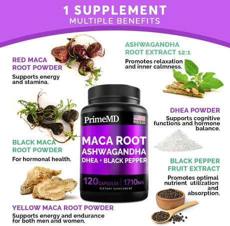 PRIMEMD - PrimeMD 6-in-1 Organic Maca Root & Ashwagandha 120 Capsulas - The Red Vitamin MX - Suplementos Alimenticios - {{ shop.shopifyCountryName }}