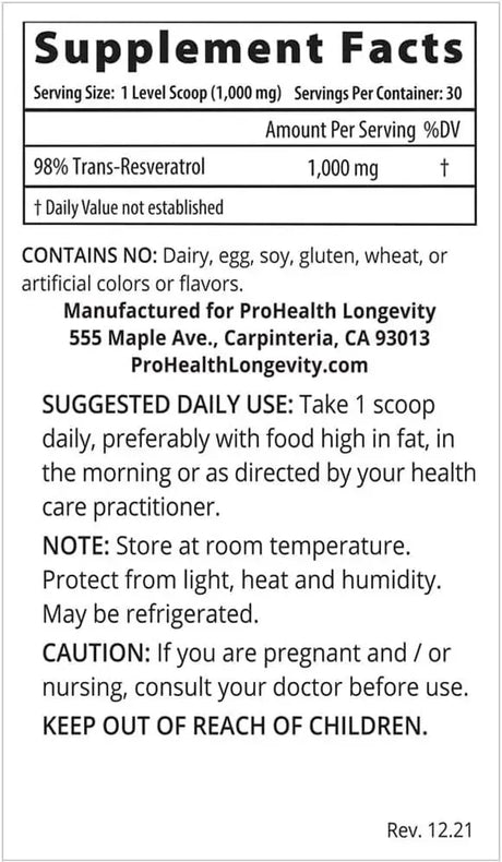 PRO HEALTH LONGEVITY - ProHealth Longevity Micronized Trans Resveratrol Powder - The Red Vitamin MX - Suplementos Alimenticios - {{ shop.shopifyCountryName }}