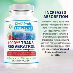 PRO HEALTH LONGEVITY - ProHealth Longevity Trans-Resveratrol 1,000Mg. 60 Capsulas - The Red Vitamin MX - Suplementos Alimenticios - {{ shop.shopifyCountryName }}