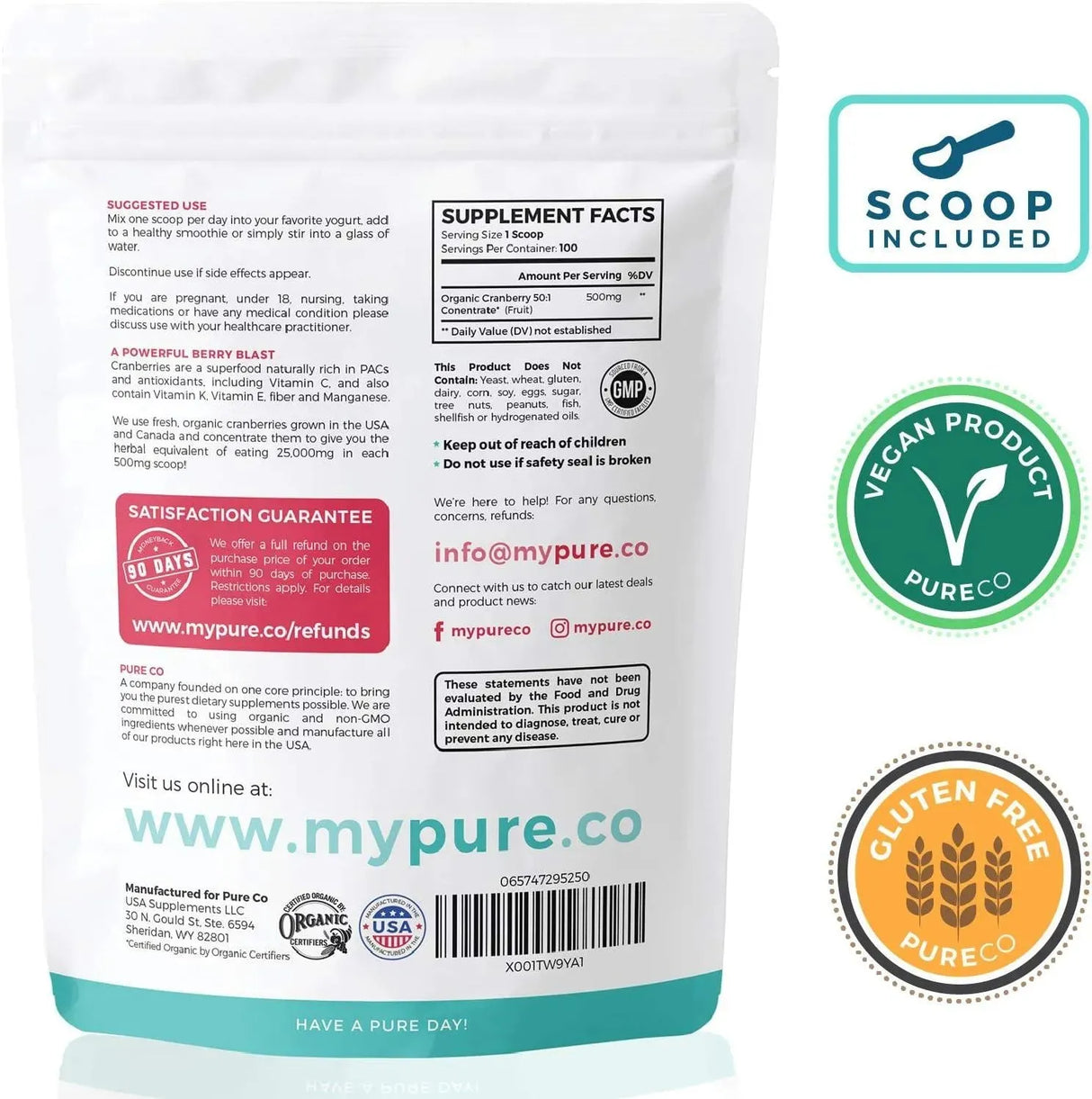 PURE CO - Pure Co Organic Cranberry Concentrate Powder 100 Servicios 50Gr. - The Red Vitamin MX - Suplementos Alimenticios - {{ shop.shopifyCountryName }}