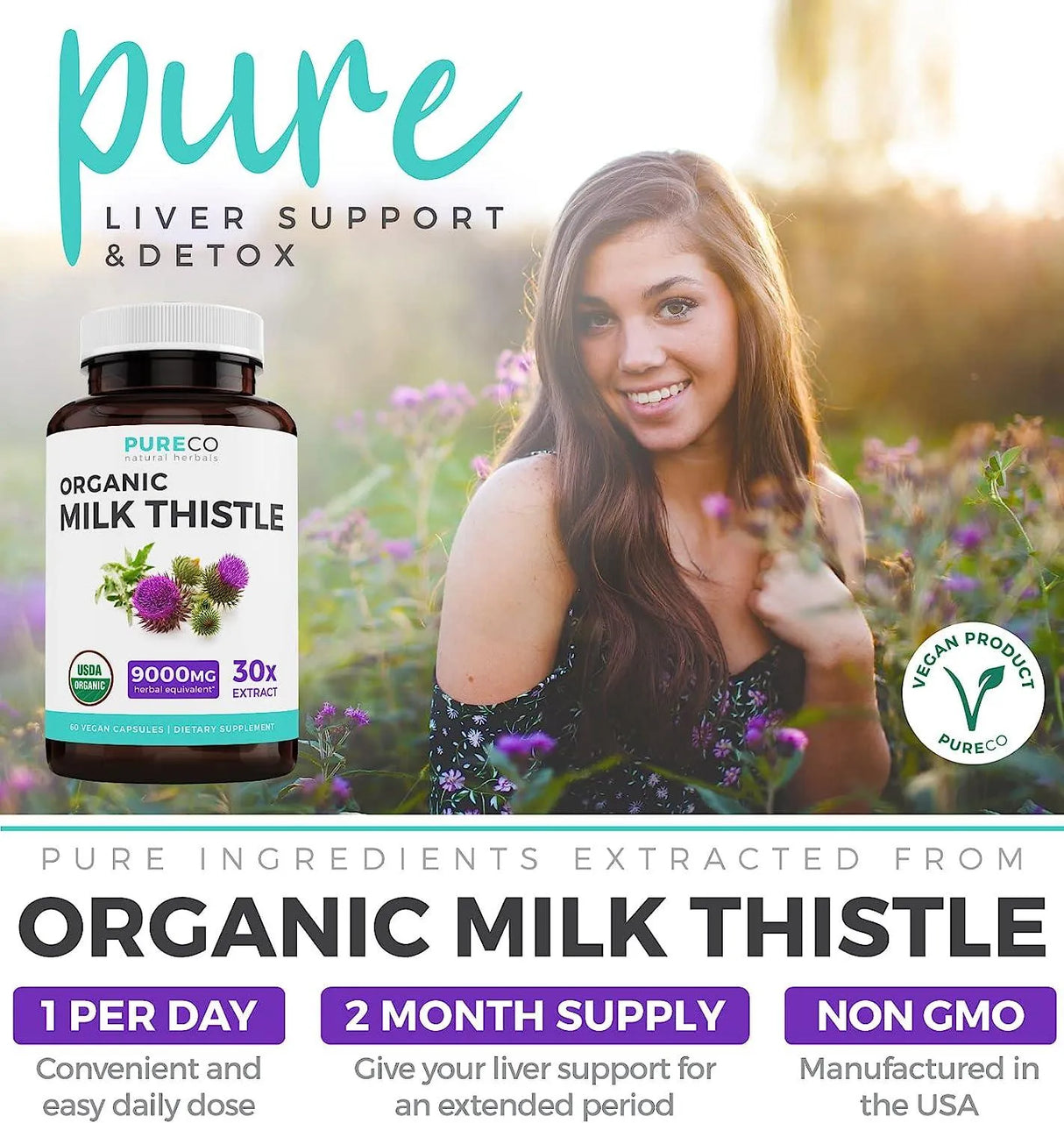 PURE CO - PURE CO USDA Organic Milk Thistle 9000Mg. 60 Capsulas - The Red Vitamin MX - Suplementos Alimenticios - {{ shop.shopifyCountryName }}