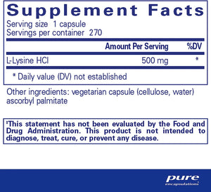 PURE ENCAPSULATIONS - Pure Encapsulations L-Lysine 270 Capsulas - The Red Vitamin MX - Suplementos Alimenticios - {{ shop.shopifyCountryName }}