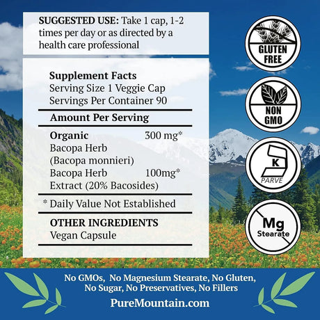 PURE MOUNTAIN BOTANICALS - Pure Mountain Botanicals Bacopa Monnieri 90 Capsulas - The Red Vitamin MX - Suplementos Alimenticios - {{ shop.shopifyCountryName }}