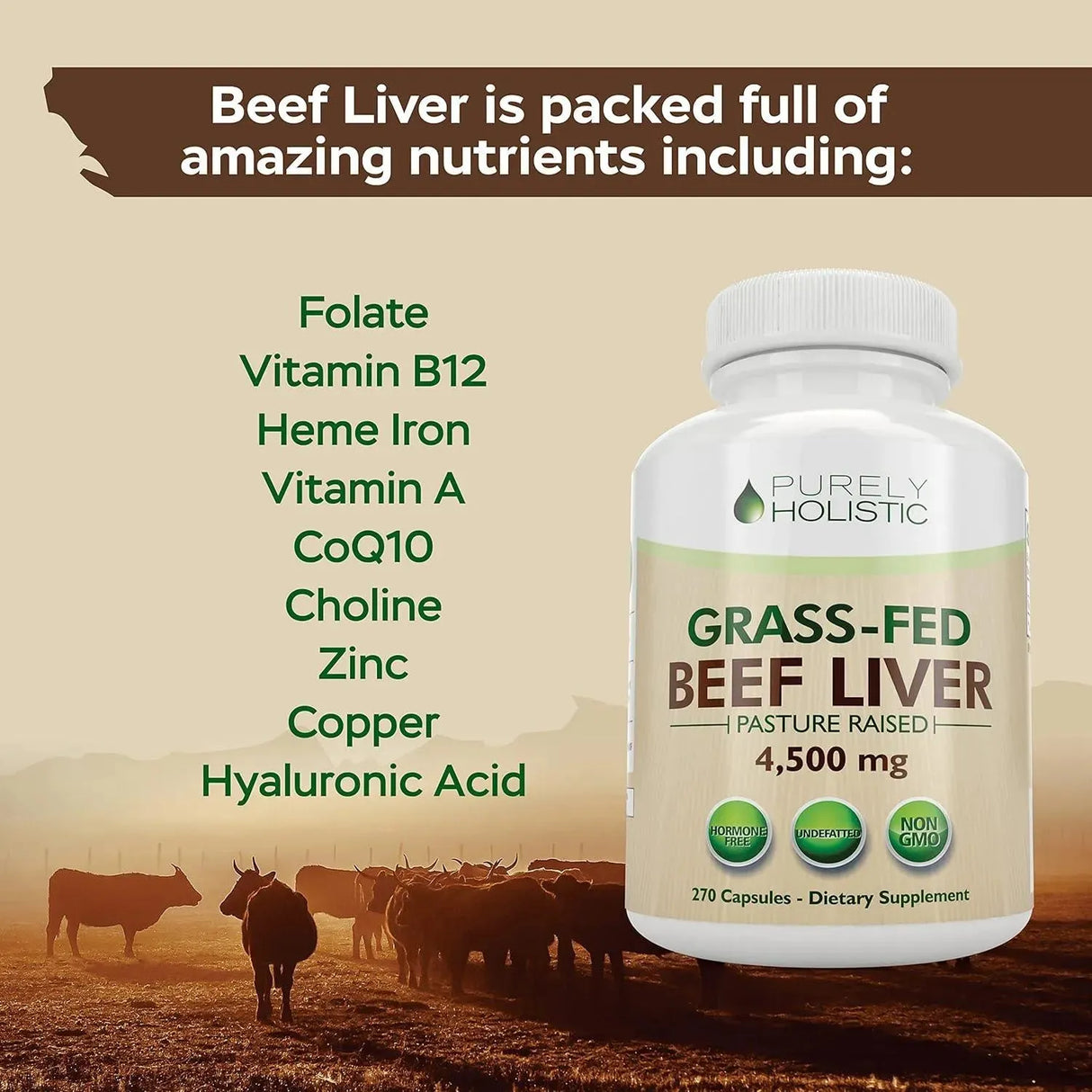 PURELY HOLISTIC - Purely Holistic Grass Fed Beef Liver 4500Mg. 270 Capsulas - The Red Vitamin MX - Suplementos Alimenticios - {{ shop.shopifyCountryName }}