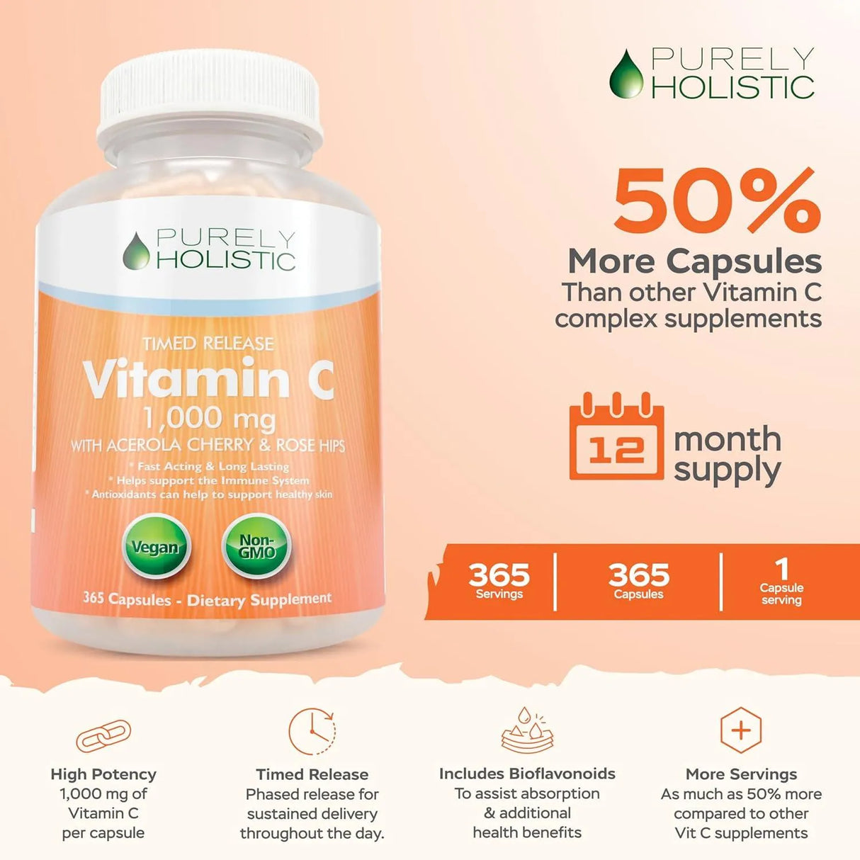 PURELY HOLISTIC - Purely Holistic Vitamin C 1000Mg. 365 Capsulas - The Red Vitamin MX - Suplementos Alimenticios - {{ shop.shopifyCountryName }}