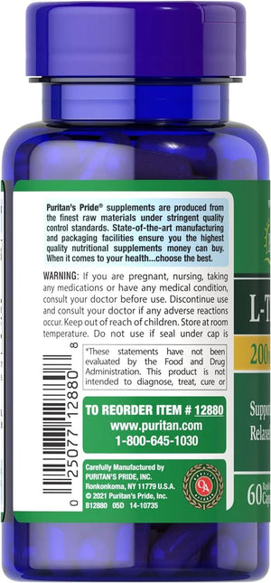 PURITAN'S PRIDE - Puritan's Pride L-Theanine 200Mg. 60 Capsulas - The Red Vitamin MX - Suplementos Alimenticios - {{ shop.shopifyCountryName }}