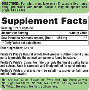 PURITAN'S PRIDE - Puritan's Pride Saw Palmetto 450Mg. 200 Capsulas - The Red Vitamin MX - Suplementos Alimenticios - {{ shop.shopifyCountryName }}