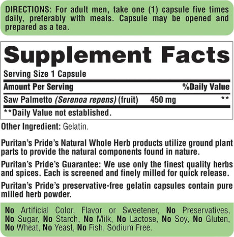 PURITAN'S PRIDE - Puritan's Pride Saw Palmetto 450Mg. 200 Capsulas - The Red Vitamin MX - Suplementos Alimenticios - {{ shop.shopifyCountryName }}