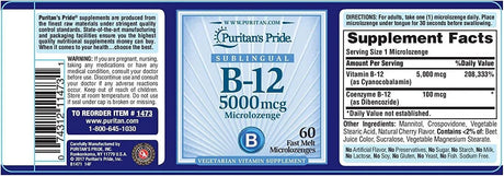 PURITAN'S PRIDE - Puritan's Pride Vitamin B-12 5000mcg 60 Capsulas - The Red Vitamin MX - Suplementos Alimenticios - {{ shop.shopifyCountryName }}