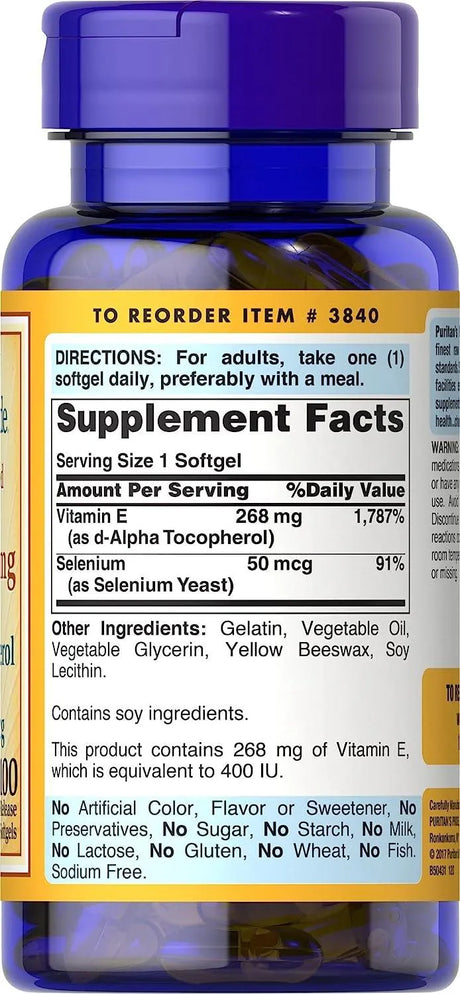 PURITAN'S PRIDE - Puritan's Pride Vitamin E-with Selenium 400 IU Natural 100 Capsulas - The Red Vitamin MX - Suplementos Alimenticios - {{ shop.shopifyCountryName }}