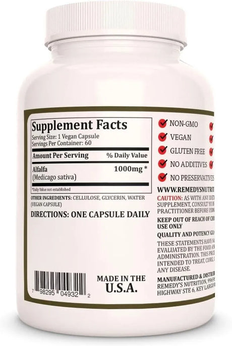 REMEDY'S NUTRITION - Remedy's nutrition Alfalfa Extract Powder 1,000Mg. 60 Capsulas - The Red Vitamin MX - Suplementos Alimenticios - {{ shop.shopifyCountryName }}