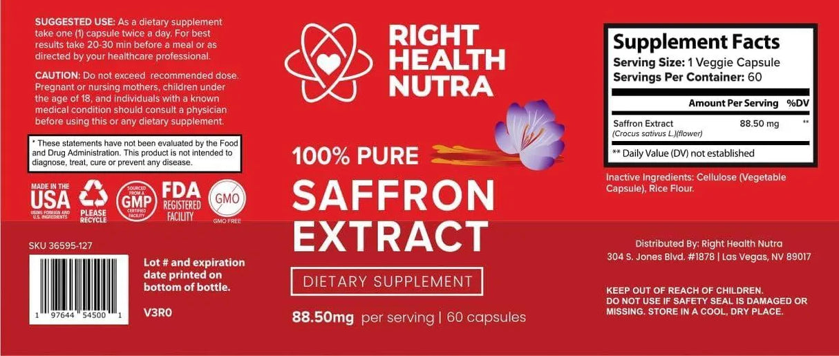 RIGHT HEALTH NUTRA - Right Health Nutra Saffron Extract 88.50Mg. 60 Capsulas - The Red Vitamin MX - Suplementos Alimenticios - {{ shop.shopifyCountryName }}