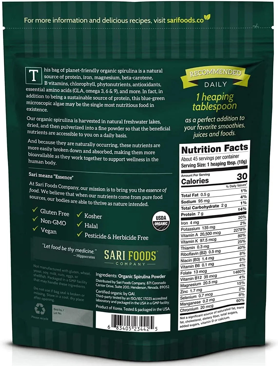 SARI FOODS - Sari Foods Co Organic Spirulina Powder 454Gr. - The Red Vitamin MX - Suplementos Alimenticios - {{ shop.shopifyCountryName }}