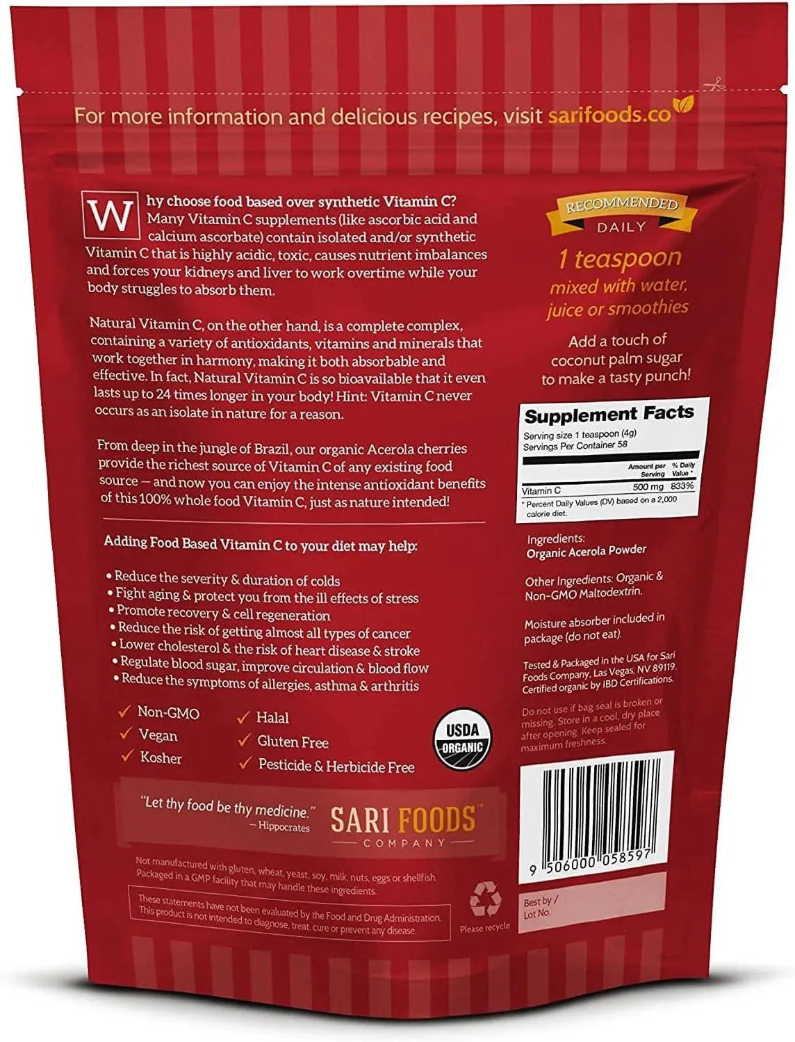 SARI FOODS - Sari Foods Organic Acerola Cherry Powder 170Gr. - The Red Vitamin MX - Suplementos Alimenticios - {{ shop.shopifyCountryName }}