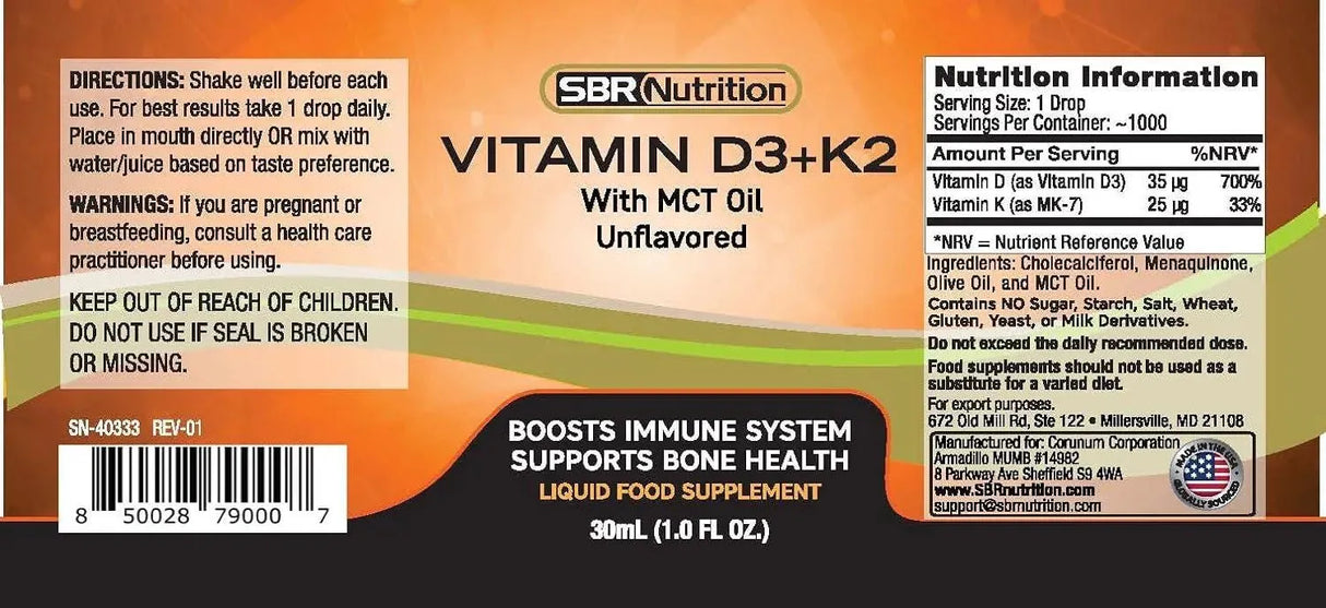 SBR NUTRITION - SBR Nutrition Vitamin D3 + K2 (MK-7) Liquid Drops with MCT Oil 30Ml. - The Red Vitamin MX - Suplementos Alimenticios - {{ shop.shopifyCountryName }}