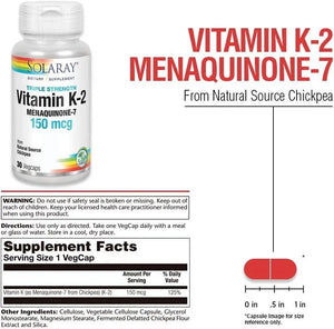 SOLARAY - Solaray Triple Strength Vitamin K-2 as MK-7 150mcg 30 Capsulas - The Red Vitamin MX - Suplementos Alimenticios - {{ shop.shopifyCountryName }}