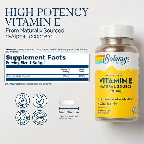 SOLARAY - Solaray Vitamin E d-Alpha Tocopherol 1000IU 60 Capsulas Blandas - The Red Vitamin MX - Suplementos Alimenticios - {{ shop.shopifyCountryName }}