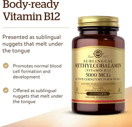 SOLGAR - Solgar Methylcobalamin Vitamin B12 5000mcg 60 Tabletas - The Red Vitamin MX - Suplementos Alimenticios - {{ shop.shopifyCountryName }}