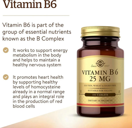 SOLGAR - Solgar Vitamin B6 25Mg. 100 Tabletas 2 Pack - The Red Vitamin MX - Suplementos Alimenticios - {{ shop.shopifyCountryName }}