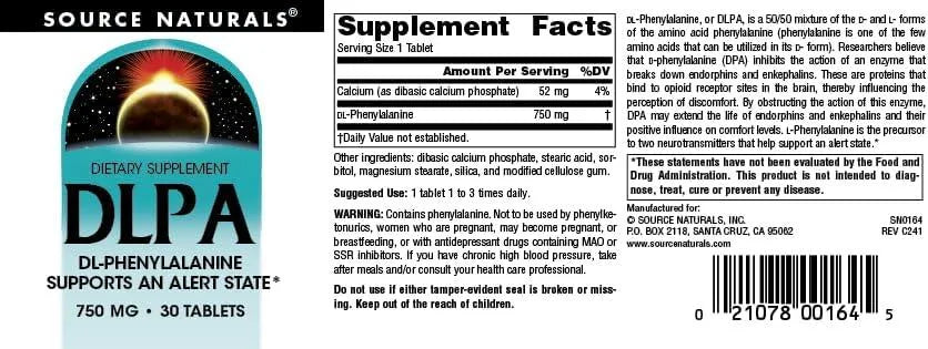 SOURCE NATURALS - Source Naturals DLPA DL-Phenylalanine 750Mg. 30 Tabletas - The Red Vitamin MX - Suplementos Alimenticios - {{ shop.shopifyCountryName }}