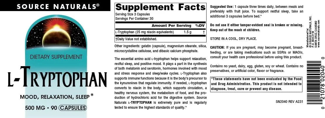 SOURCE NATURALS - Source Naturals L-Tryptophan 500Mg. 90 Capsulas - The Red Vitamin MX - Suplementos Alimenticios - {{ shop.shopifyCountryName }}