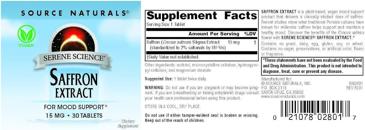 SOURCE NATURALS - Source Naturals Serene Science Saffron Extract 15Mg. 30 Tabletas - The Red Vitamin MX - Suplementos Alimenticios - {{ shop.shopifyCountryName }}