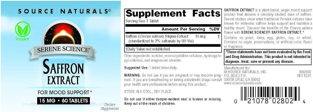 SOURCE NATURALS - Source Naturals Serene Science Saffron Extract 15Mg. 60 Tabletas - The Red Vitamin MX - Suplementos Alimenticios - {{ shop.shopifyCountryName }}