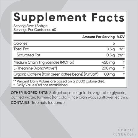 SPORTS RESEARCH - Sports Research L-Theanine with Caffeine & Coconut MCT Oil 60 Capsulas Blandas - The Red Vitamin MX - Suplementos Alimenticios - {{ shop.shopifyCountryName }}