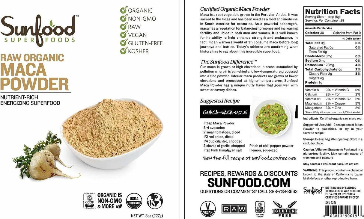 SUNFOOD - Sunfood Superfoods Organic Maca Root Powder 222Gr. - The Red Vitamin MX - Suplementos Alimenticios - {{ shop.shopifyCountryName }}