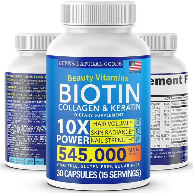 SUPER NATURAL GOODS - Super Natural Goods Biotin and Collagen Vitamins + Keratin with Folate 30 Capsulas - The Red Vitamin MX - Suplementos Alimenticios - {{ shop.shopifyCountryName }}