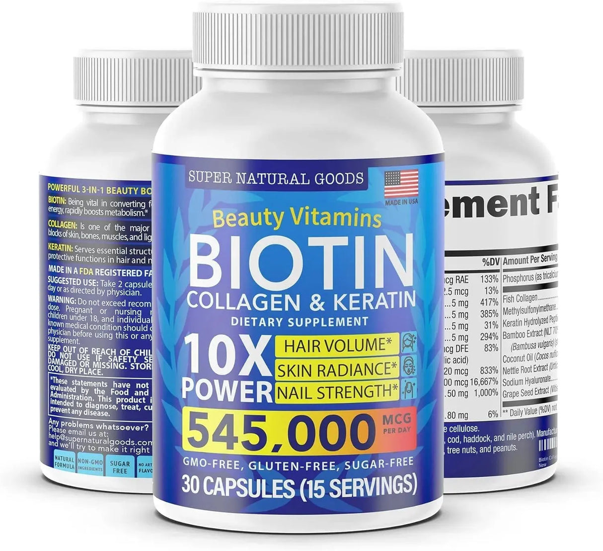 SUPER NATURAL GOODS - Super Natural Goods Biotin and Collagen Vitamins + Keratin with Folate 30 Capsulas - The Red Vitamin MX - Suplementos Alimenticios - {{ shop.shopifyCountryName }}