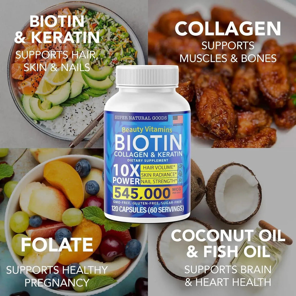 SUPER NATURAL GOODS - Super Natural Goods Biotin and Collagen Vitamins + Keratin with Folate 30 Capsulas - The Red Vitamin MX - Suplementos Alimenticios - {{ shop.shopifyCountryName }}