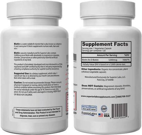 SUPERIOR LABS - Superior Labs Best Natural Biotin NonGMO Supplement 5000 mcg 120 Capsulas - The Red Vitamin MX - Suplementos Alimenticios - {{ shop.shopifyCountryName }}