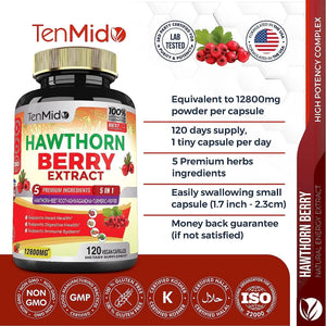 TENMIDO - Tenmido Hawthorn Berry Supplement Extract Capsules 12800Mg. 120 Capsulas - The Red Vitamin MX - Suplementos Alimenticios - {{ shop.shopifyCountryName }}