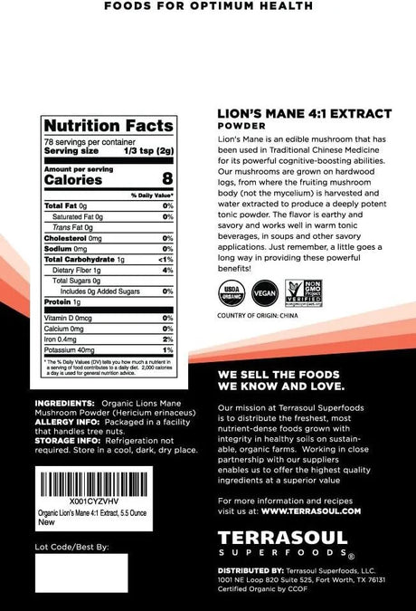 TERRASOUL SUPERFOODS - Terrasoul Superfoods Organic Lion's Mane Mushroom Powder 156Gr. - The Red Vitamin MX - Suplementos Alimenticios - {{ shop.shopifyCountryName }}